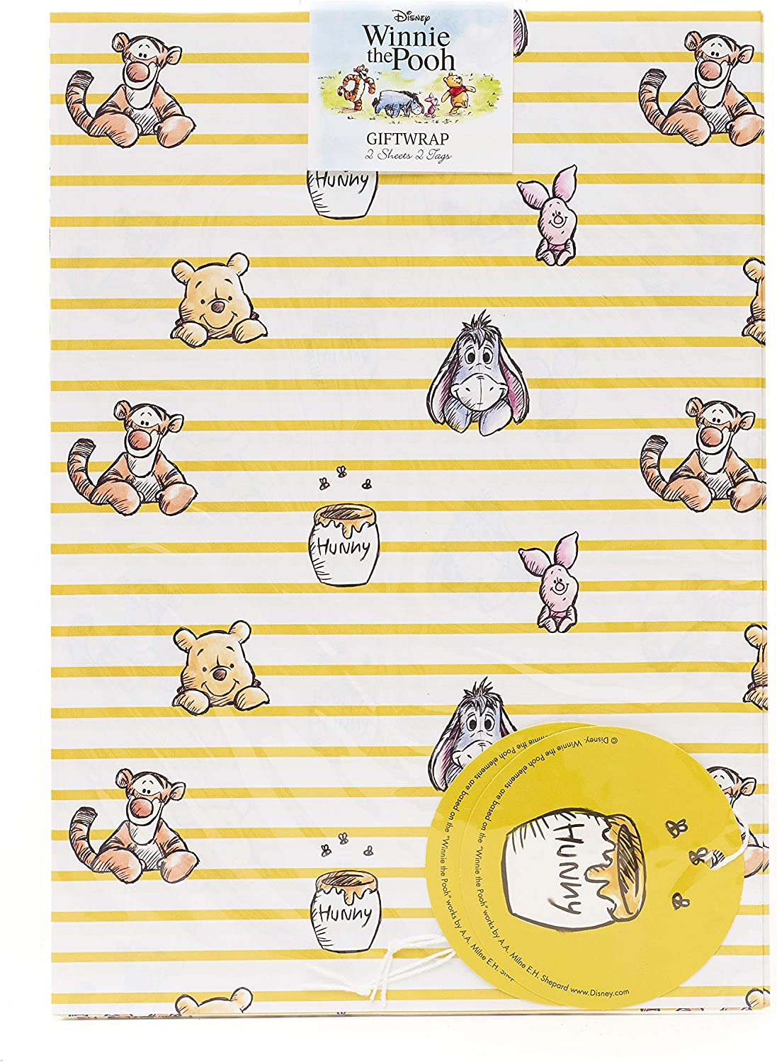 Winnie the Pooh greeting card with matching wrap and tags set, featuring colorful Pooh and friends illustration.