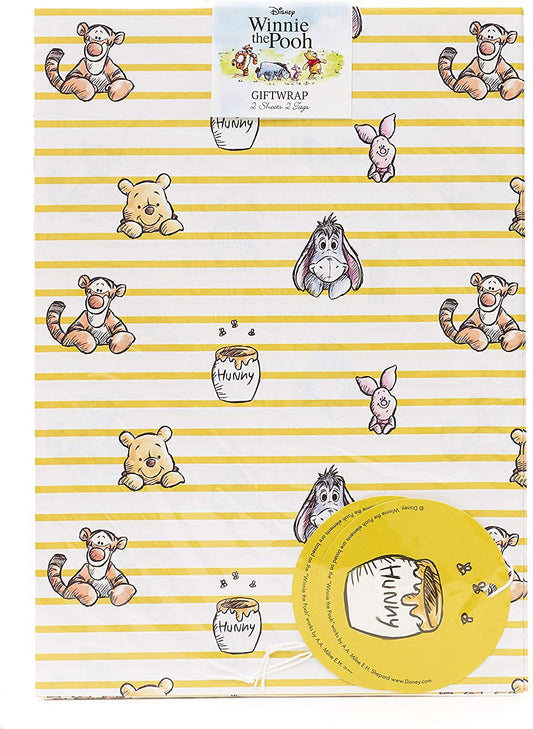 Winnie the Pooh greeting card with matching wrap and tags set, featuring colorful Pooh and friends illustration.