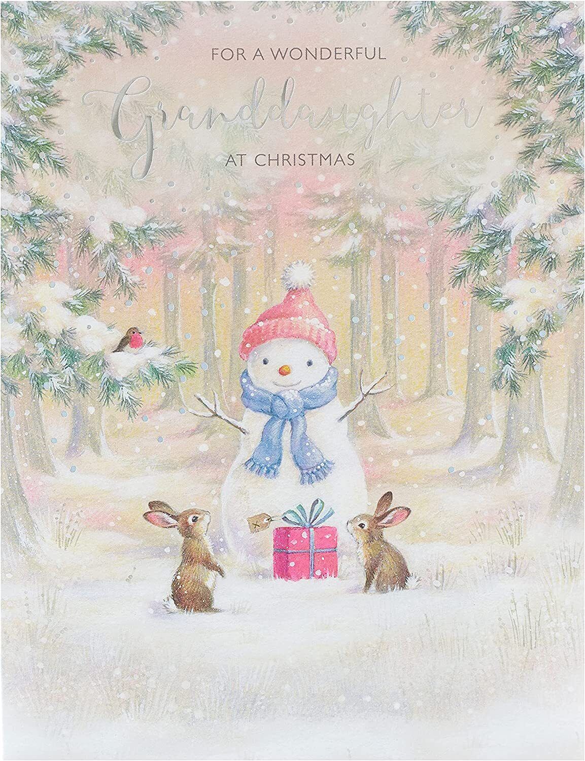 Colorful Wonderful Granddaughter Snowman Christmas greeting card from UK Greetings featuring festive snowman design.