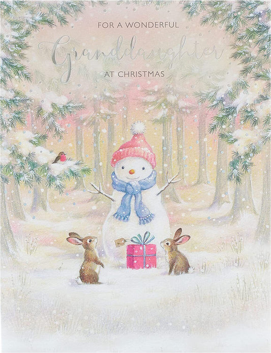Colorful Wonderful Granddaughter Snowman Christmas greeting card from UK Greetings featuring festive snowman design.