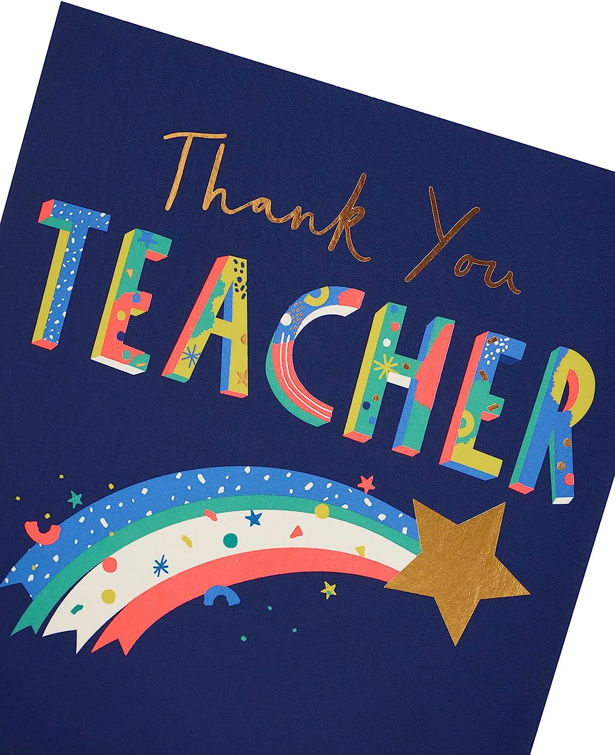 Gold "YOLO! Teacher Thank You" greeting card by UK Greetings featuring vibrant design and thank you message for teachers.