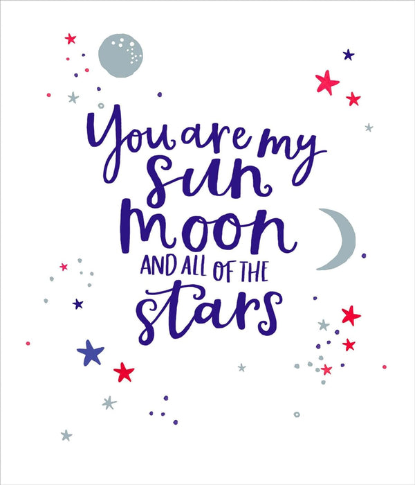 Valentine's Day greeting card featuring a romantic design with sun, moon, and stars from UK Greetings, suitable for expressing love.