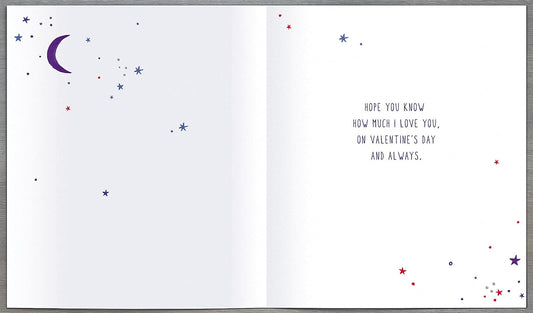 Valentine's Day greeting card featuring the message "You Are My Sun, Moon & Stars" with celestial illustrations, by UK Greetings.