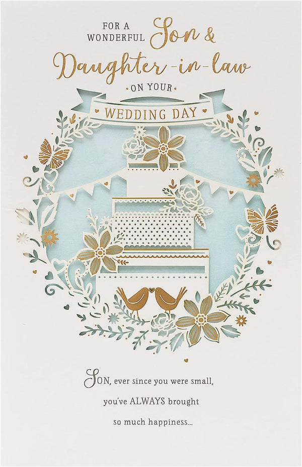 Traditional Son & Daughter in Law wedding day greeting card by UK Greetings, featuring elegant floral design and heartfelt message.