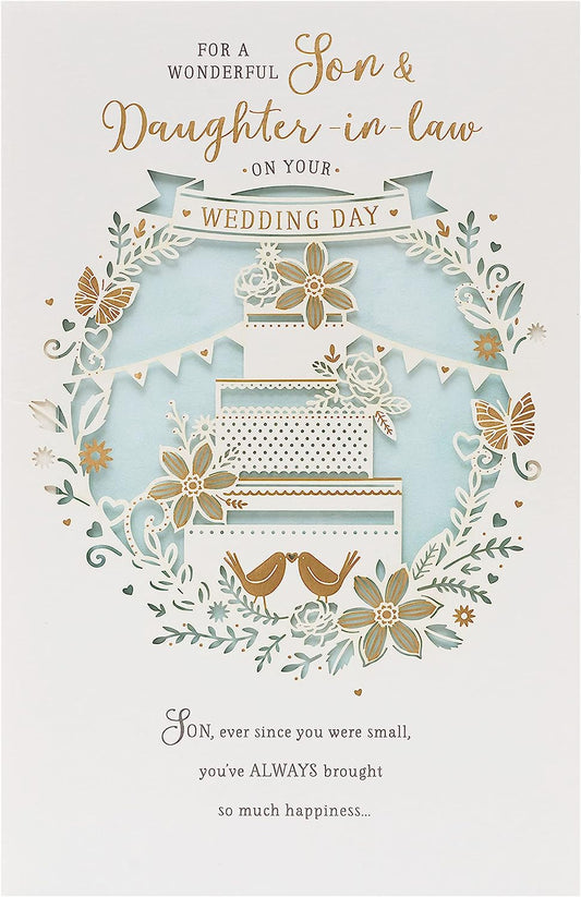 Traditional Son & Daughter in Law wedding day greeting card by UK Greetings, featuring elegant floral design and heartfelt message.