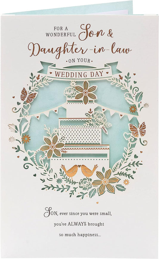 Traditional Son & Daughter in Law wedding day greeting card by UK Greetings, featuring elegant floral design and heartfelt message.