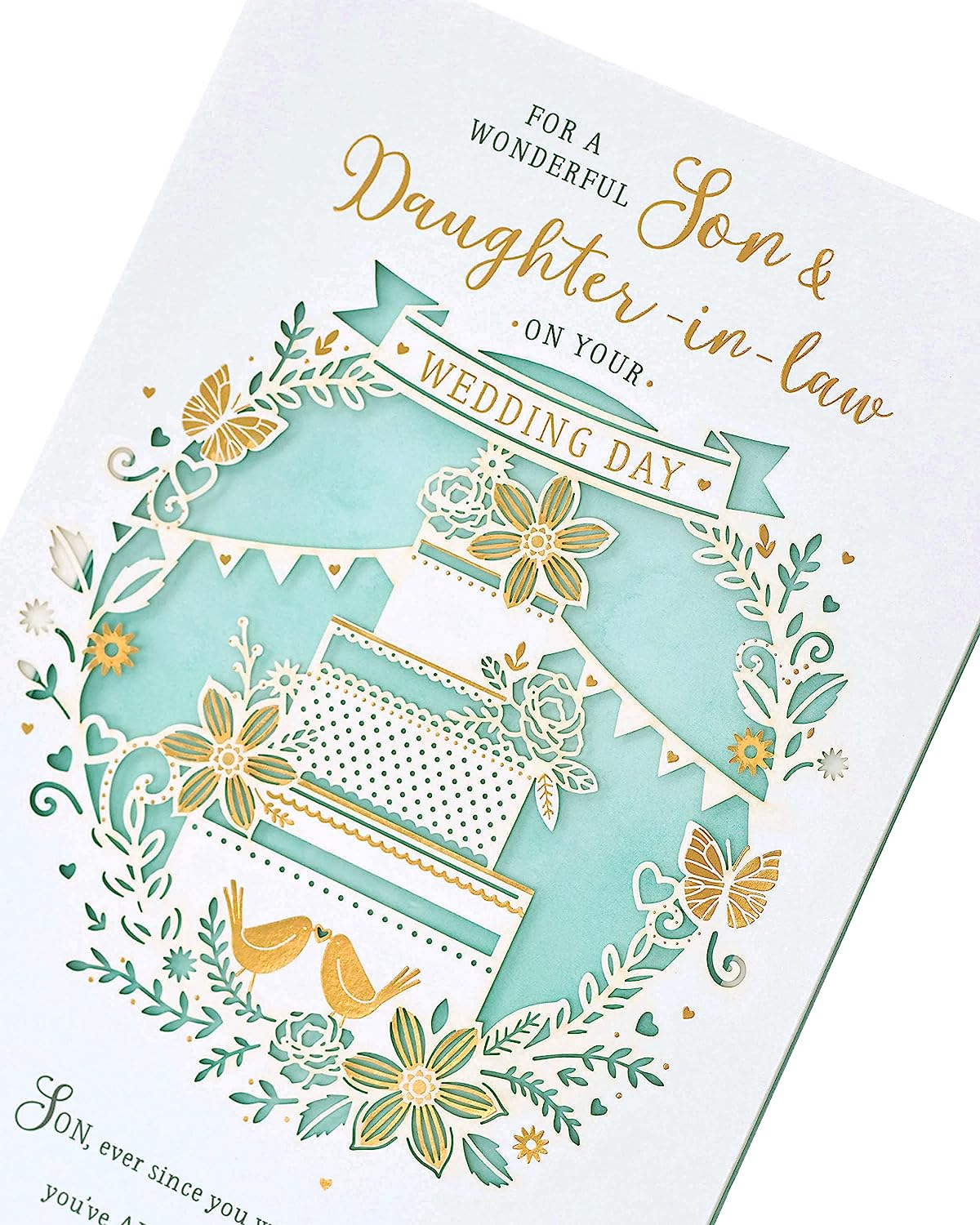 Traditional wedding day greeting card featuring a son and daughter-in-law design by UK Greetings, suitable for wedding celebrations.