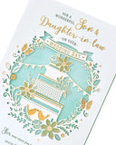 Traditional wedding day greeting card featuring a son and daughter-in-law design by UK Greetings, suitable for wedding celebrations.