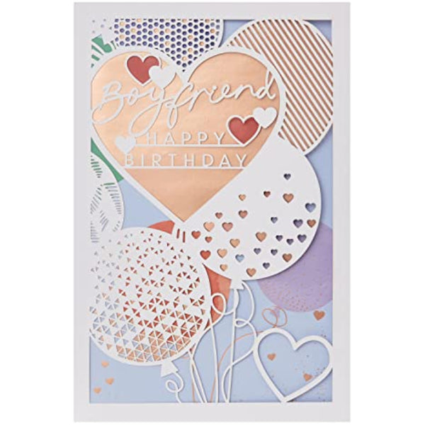 Laser cut birthday greeting card for boyfriend with hearts and balloons, UKG brand, featuring intricate heart and balloon designs.