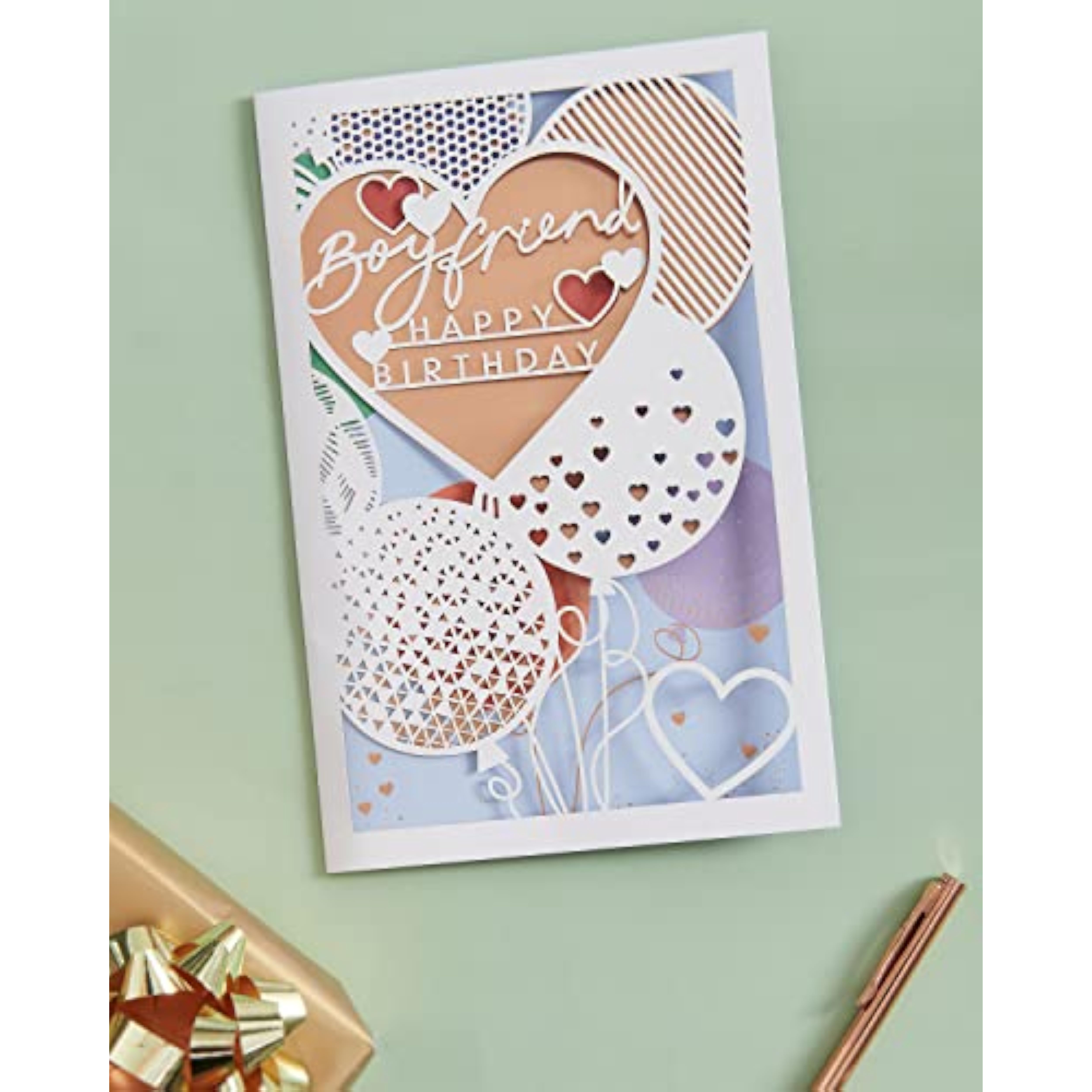 Laser cut birthday greeting card for boyfriend featuring hearts and balloons, by UKG, with intricate heart and balloon designs.