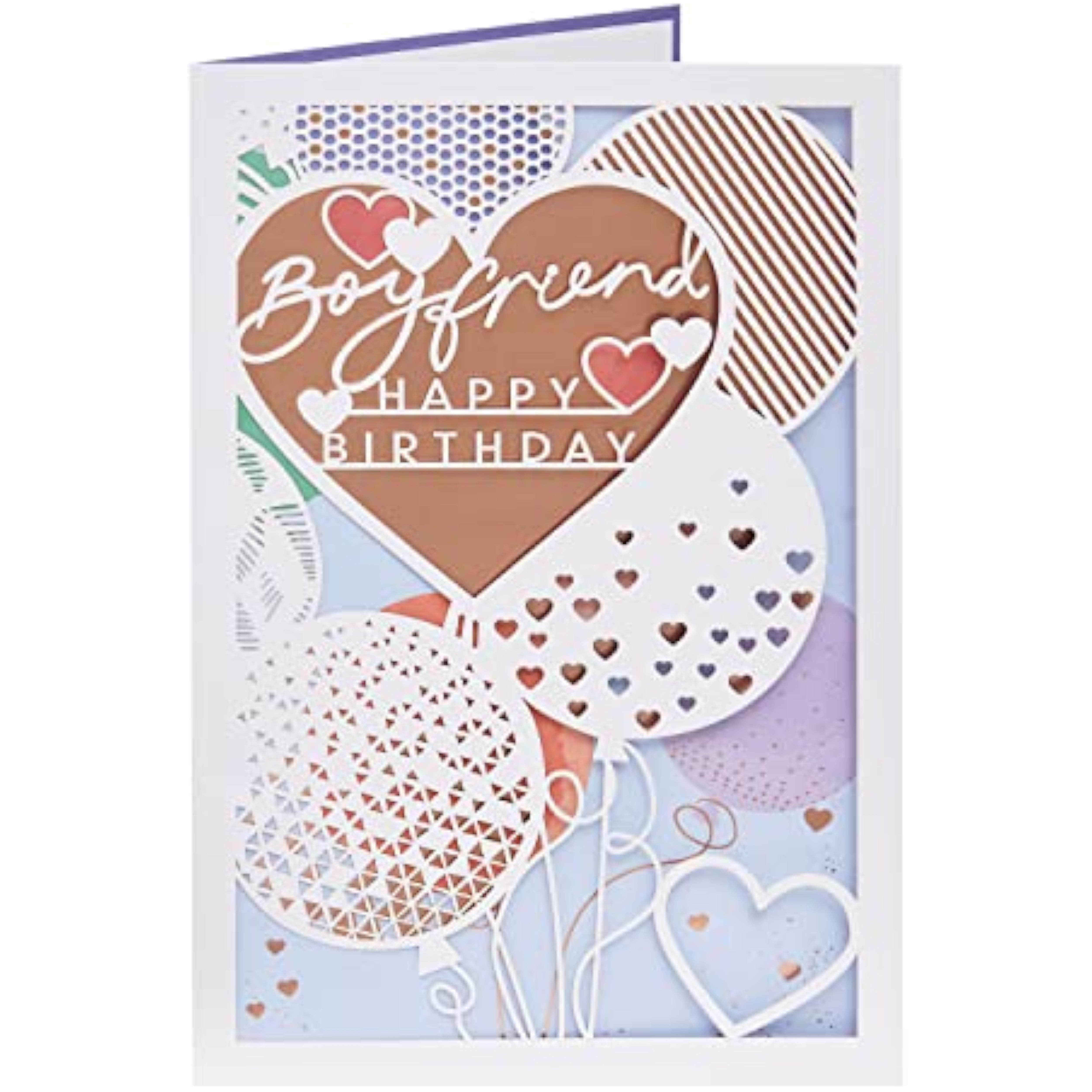 Laser cut birthday greeting card for boyfriend featuring hearts and balloons, UKG brand, with intricate design and vibrant details.
