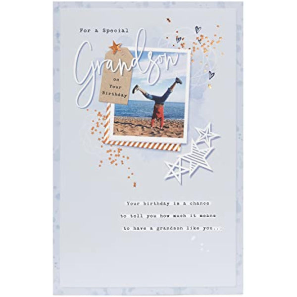 UKG birthday greeting card for grandson with heartfelt copper foil design and decorative heart accents.