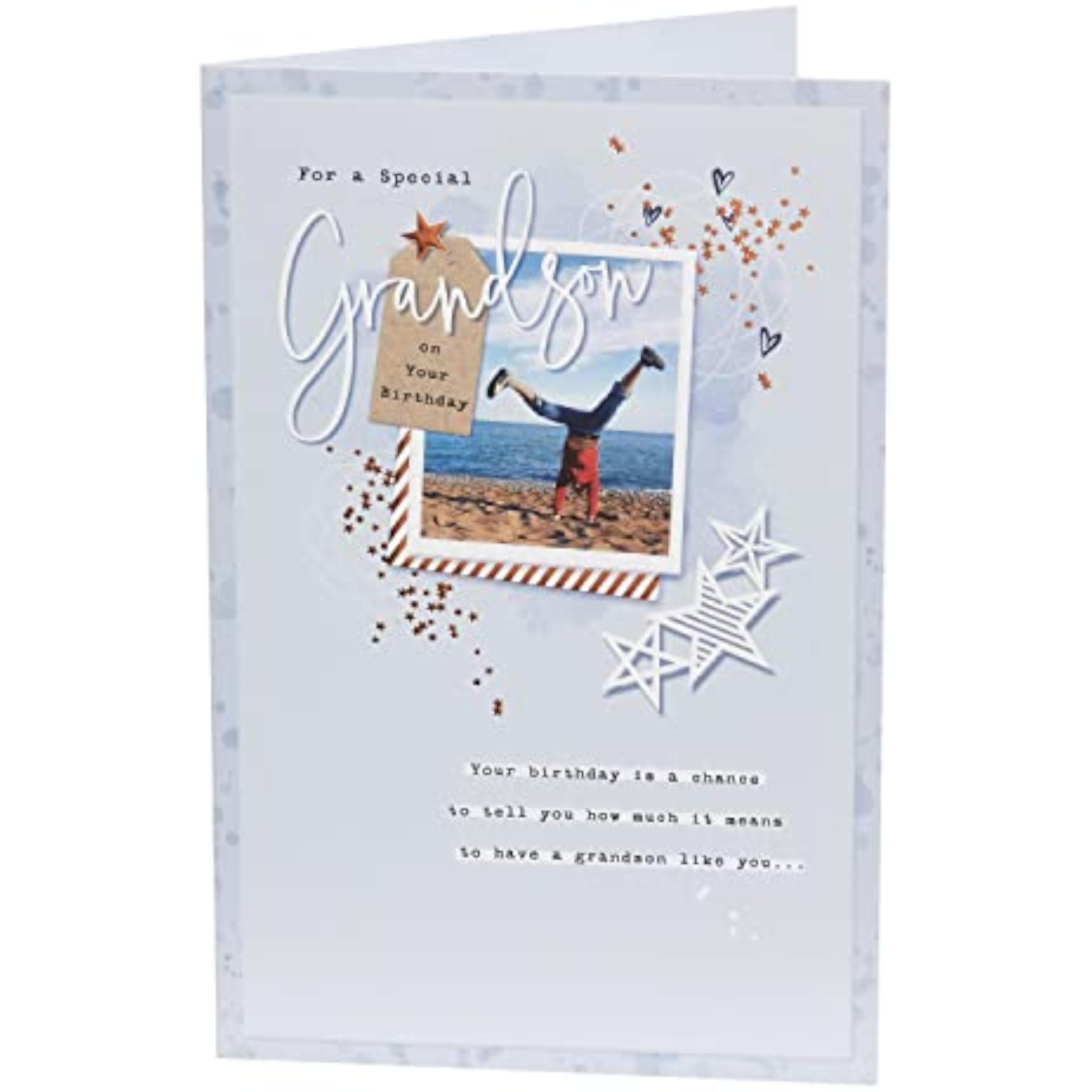 UKG birthday greeting card for grandson featuring heartfelt copper foil design with a warm and personalized message.