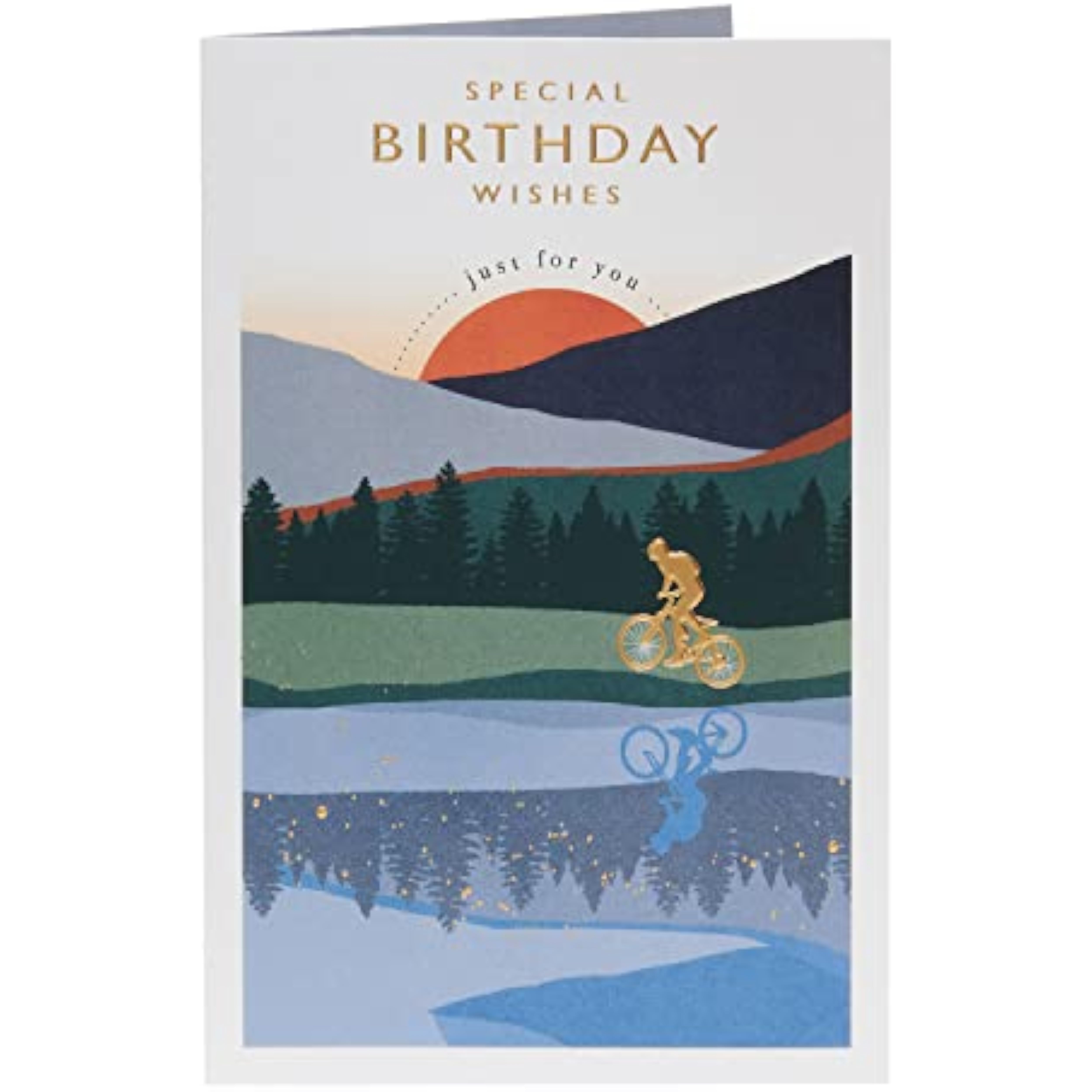 Gold foil birthday greeting card for him featuring a cyclist and sunset scene, from UKG. Perfect for cycling enthusiasts.
