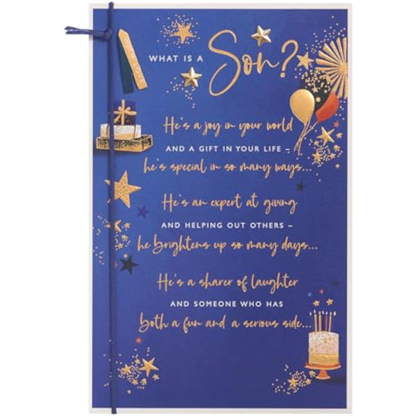 Sentimental birthday greeting card for son with gold foil design by UKG, featuring heartfelt message and festive imagery.