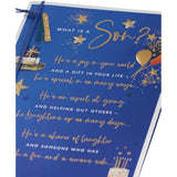 Sentimental birthday greeting card for son with gold foil design, UKG brand, featuring a heartfelt message and decorative elements.