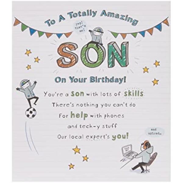 UKG birthday greeting card for son with sentimental silver foil design, featuring heartfelt message and decorative details.