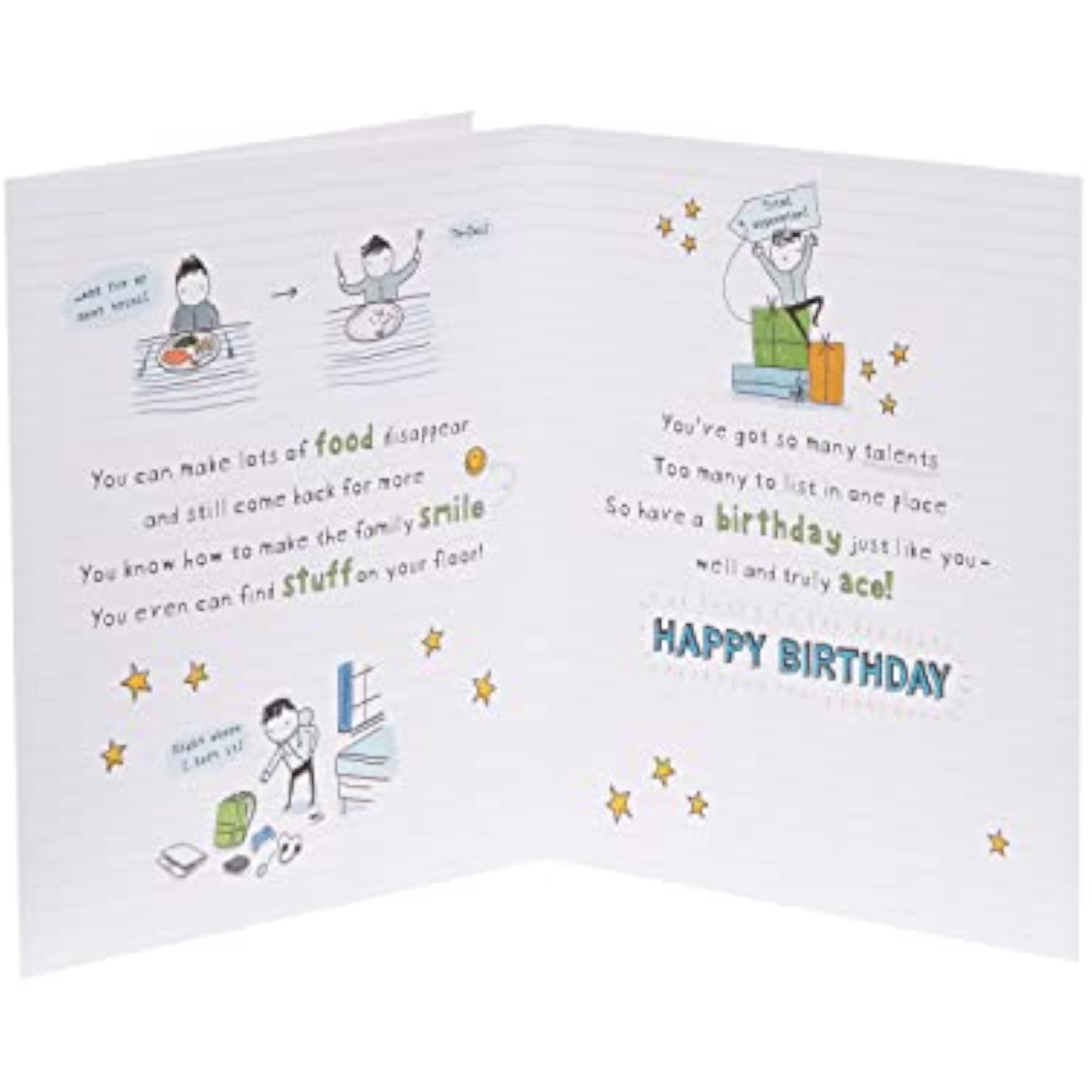 Sentimental UKG birthday greeting card for son with silver foil design, featuring heartfelt message and festive illustrations.