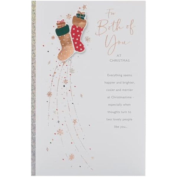 Christmas greeting card for couples featuring stockings foil design, UKG brand, with festive holiday imagery.