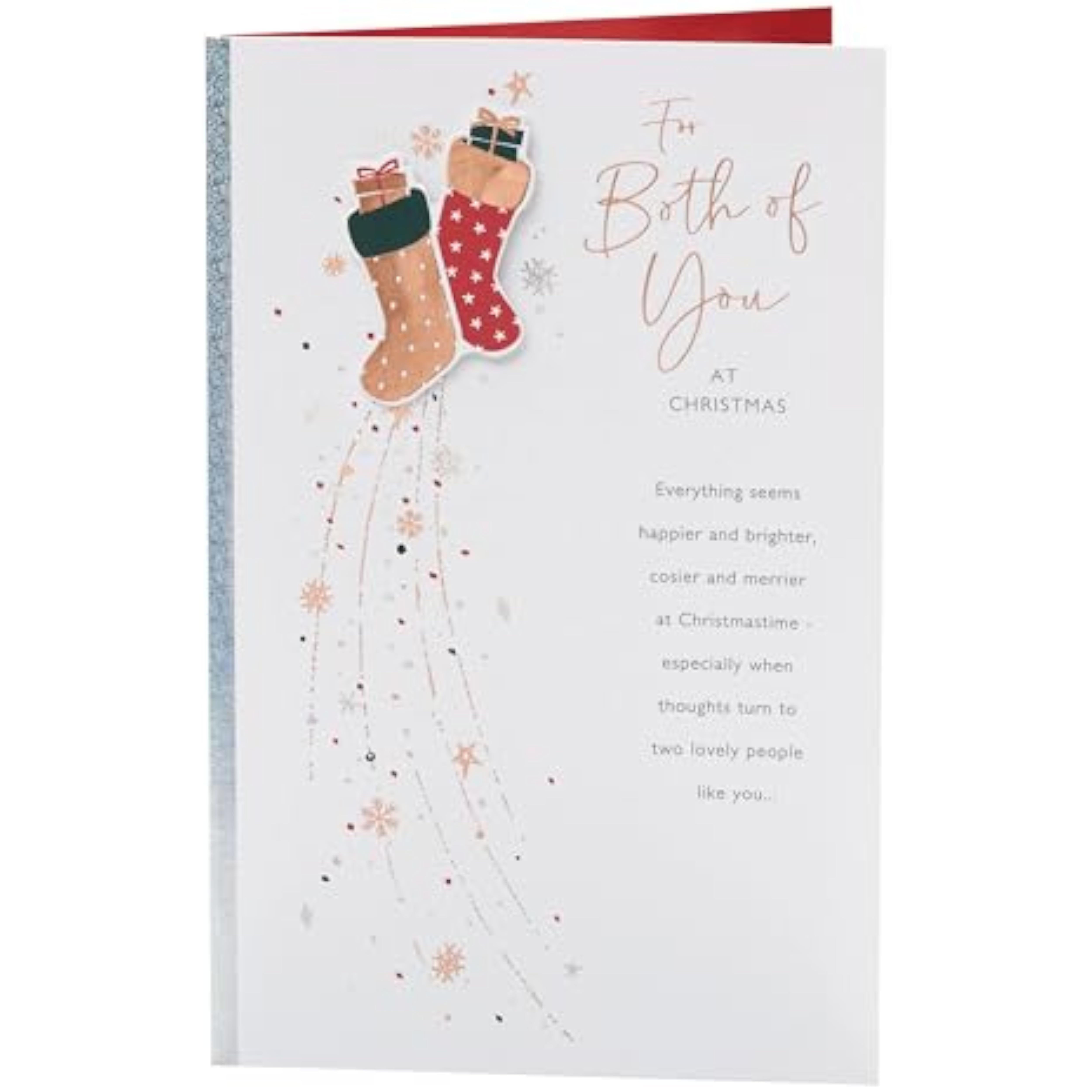 Festive Christmas greeting card from UKG featuring stockings foil design, perfect for celebrating the holiday season.