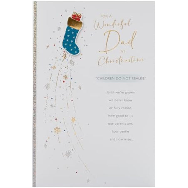 Blue Christmas greeting card for Dad with foil and embossed stocking design, UKG brand, featuring festive holiday imagery.
