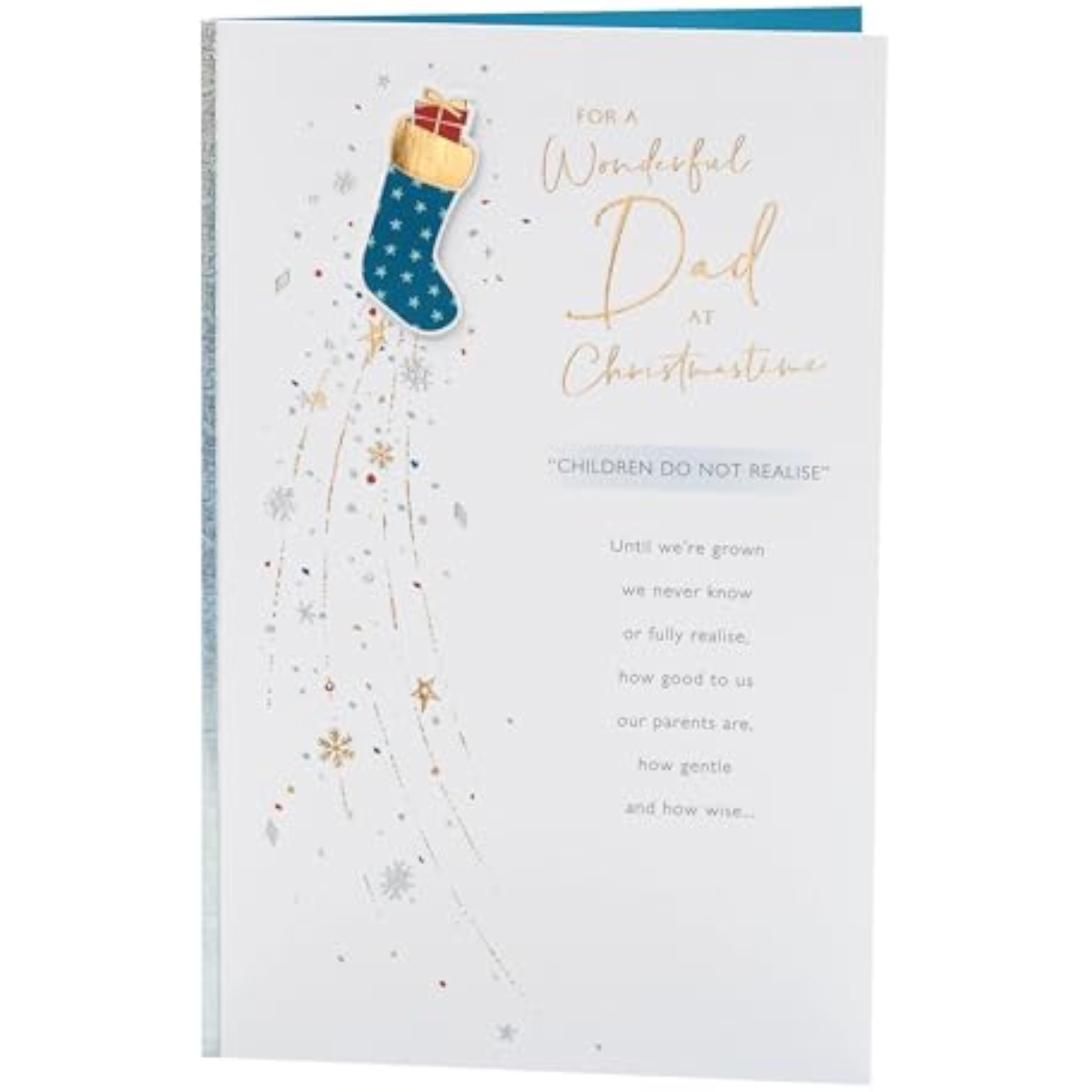 Blue Christmas greeting card for Dad with foil and embossed stocking design, UKG brand, featuring festive holiday imagery.