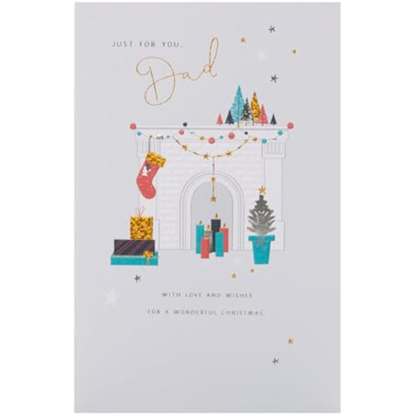 Christmas greeting card for dad featuring a decorated fireplace and metallic foil design, UKG brand, holiday-themed illustration.