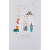 Christmas greeting card for dad featuring a decorated fireplace and metallic foil design, UKG brand, holiday-themed illustration.