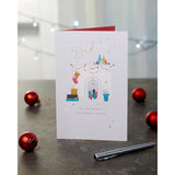 Decorated fireplace Christmas greeting card for dad with metallic foil design by UKG, featuring festive holiday imagery.