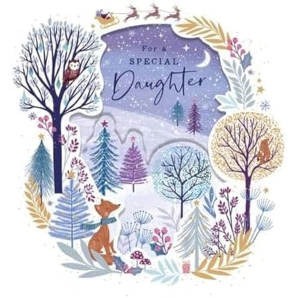 Christmas card for daughter featuring snowy woodland scene with foil accents and cut-out details, UKG greeting card design.