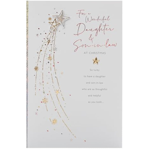 UKG Christmas greeting card for daughter and son-in-law featuring a festive shooting star foil design on the front.