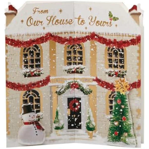 Festive 3D house-shaped Christmas greeting card for family by UKG, featuring holiday-themed illustrations and a cheerful design.