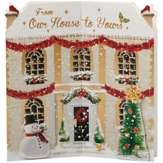 Festive 3D house-shaped Christmas greeting card for family by UKG, featuring holiday-themed illustrations and a cheerful design.