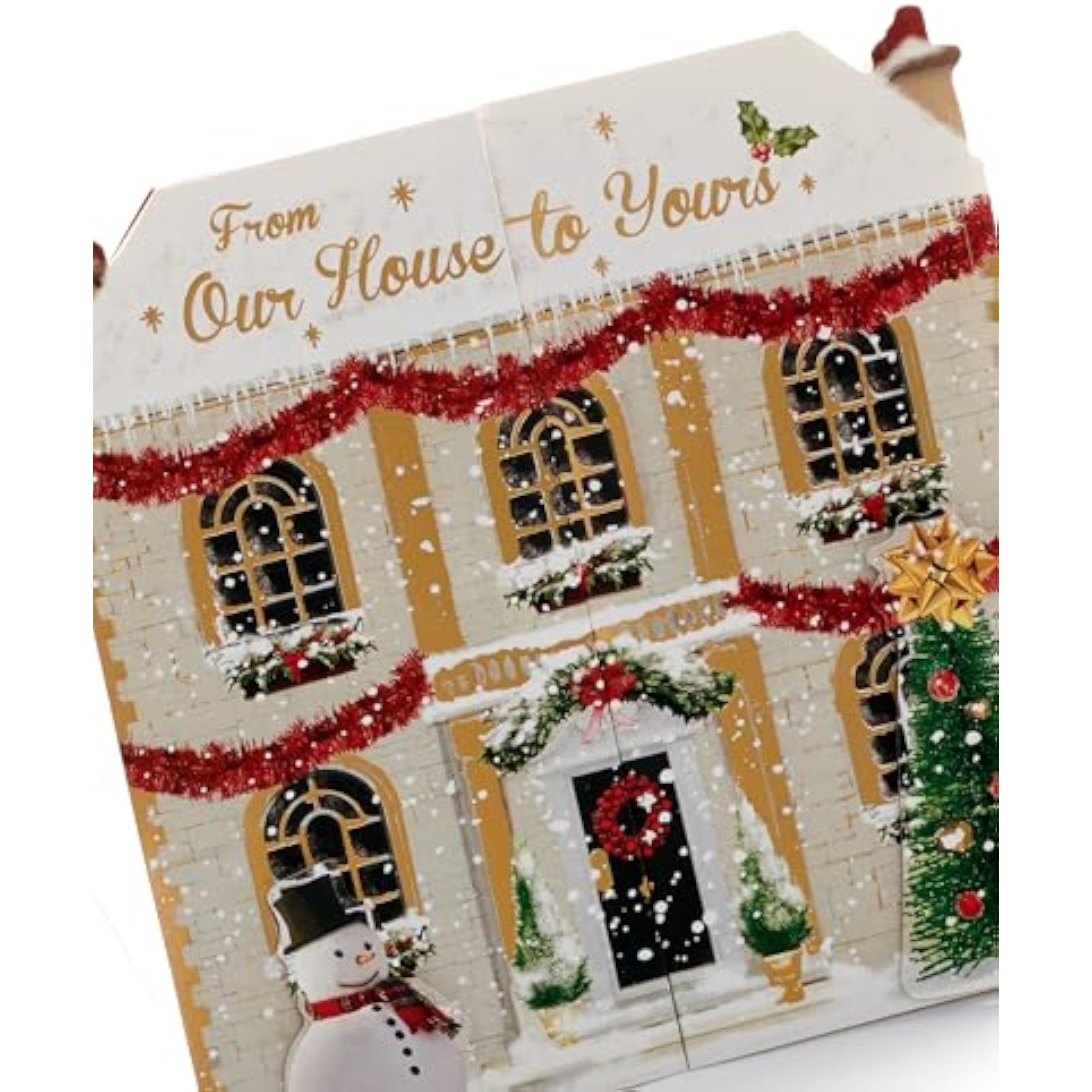Festive 3D house-shaped Christmas greeting card for family by UKG, featuring colorful holiday illustrations and holiday message.