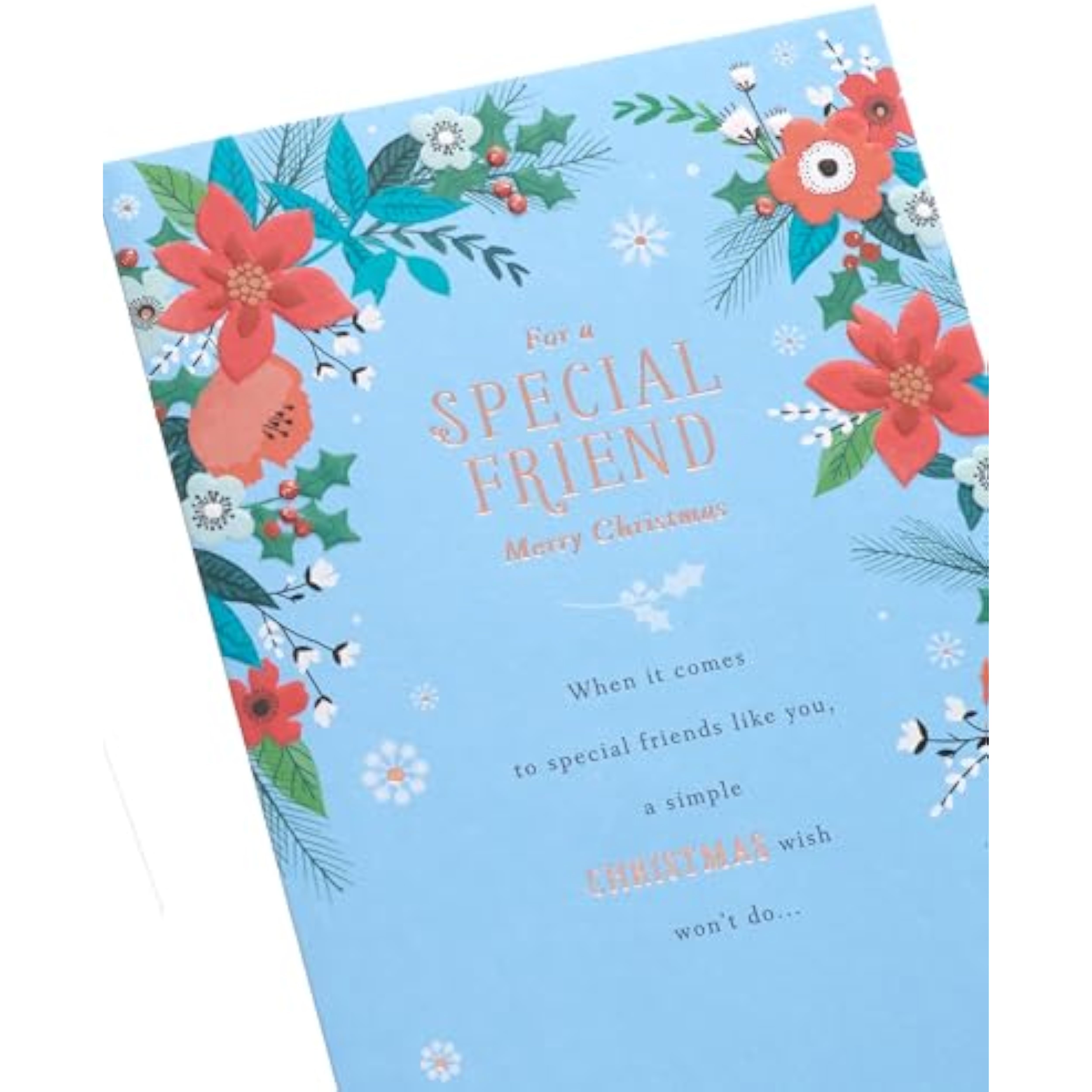 UKG floral Christmas greeting card for friend with elegant copper foil accents, featuring festive floral design.