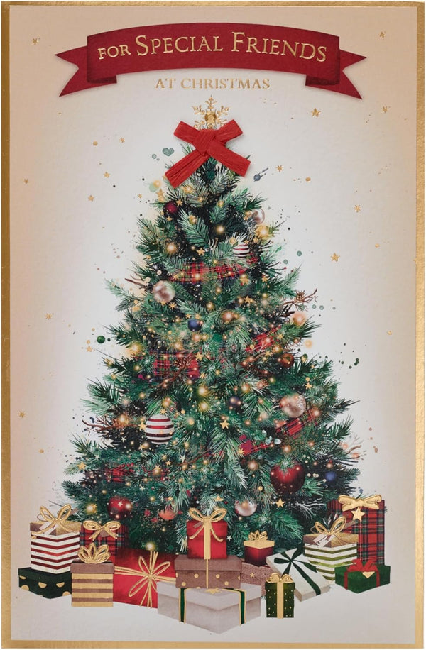 Elegant Christmas greeting card for friends featuring a tree design with gold foil accents by UKG.