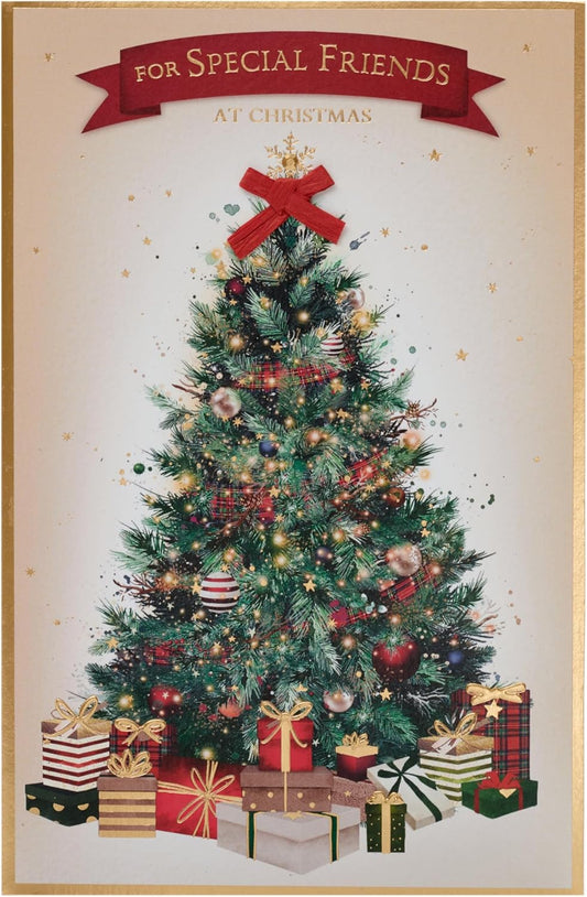 Elegant Christmas greeting card for friends featuring a tree design with gold foil accents by UKG.