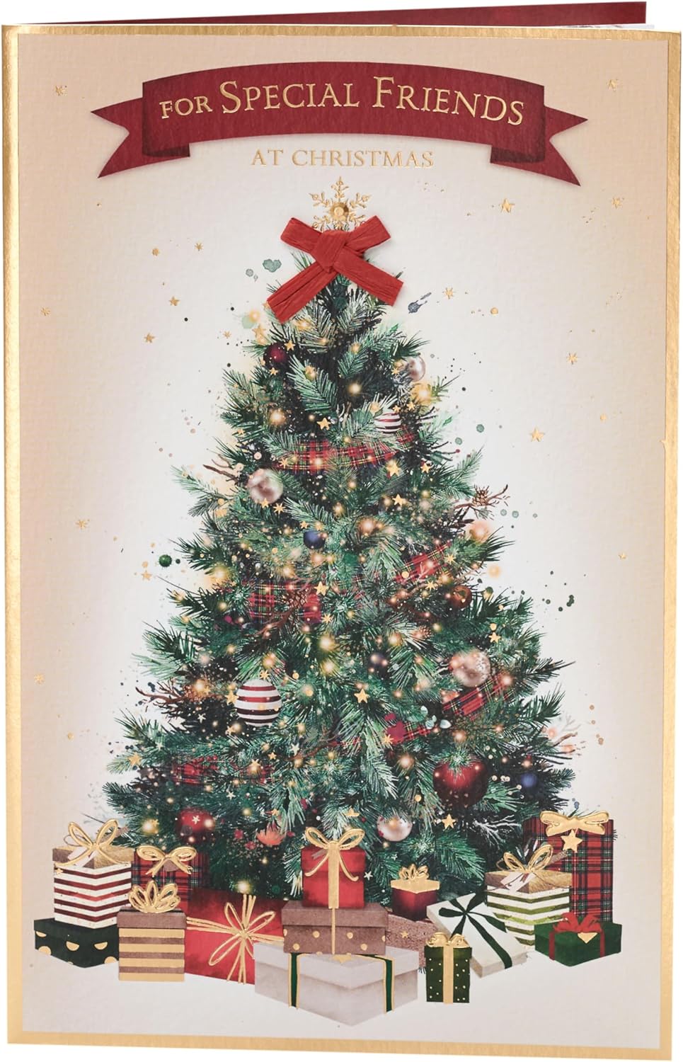 Elegant Christmas greeting card for friends featuring an elegant tree design with gold foil accents, by UKG.
