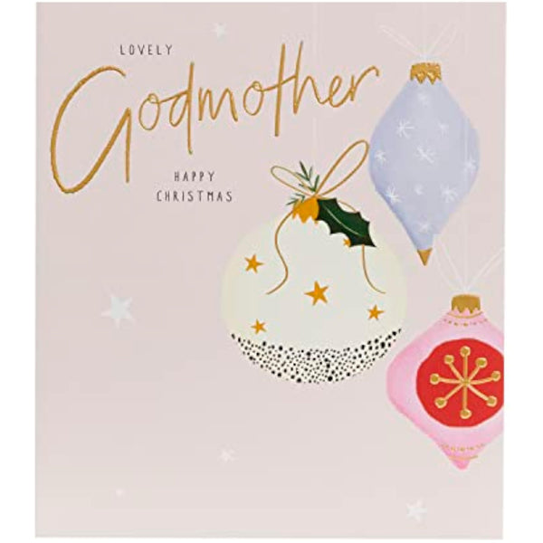 Elegant Christmas greeting card for godmother featuring gold foil bauble design and festive holiday imagery by UKG.