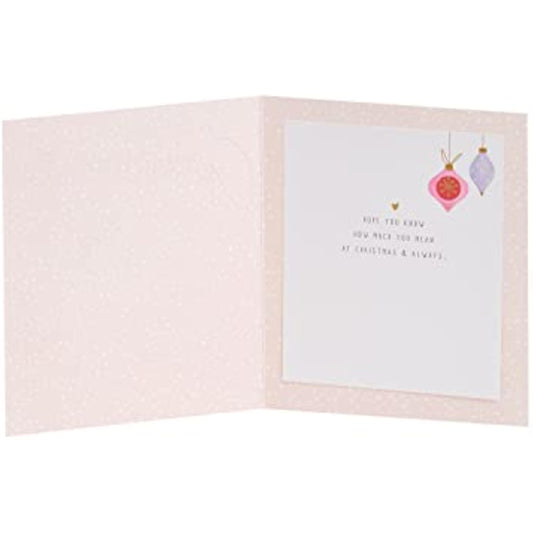 Elegant Christmas greeting card for godmother with gold foil baubles design, featuring festive holiday imagery and ornate details.