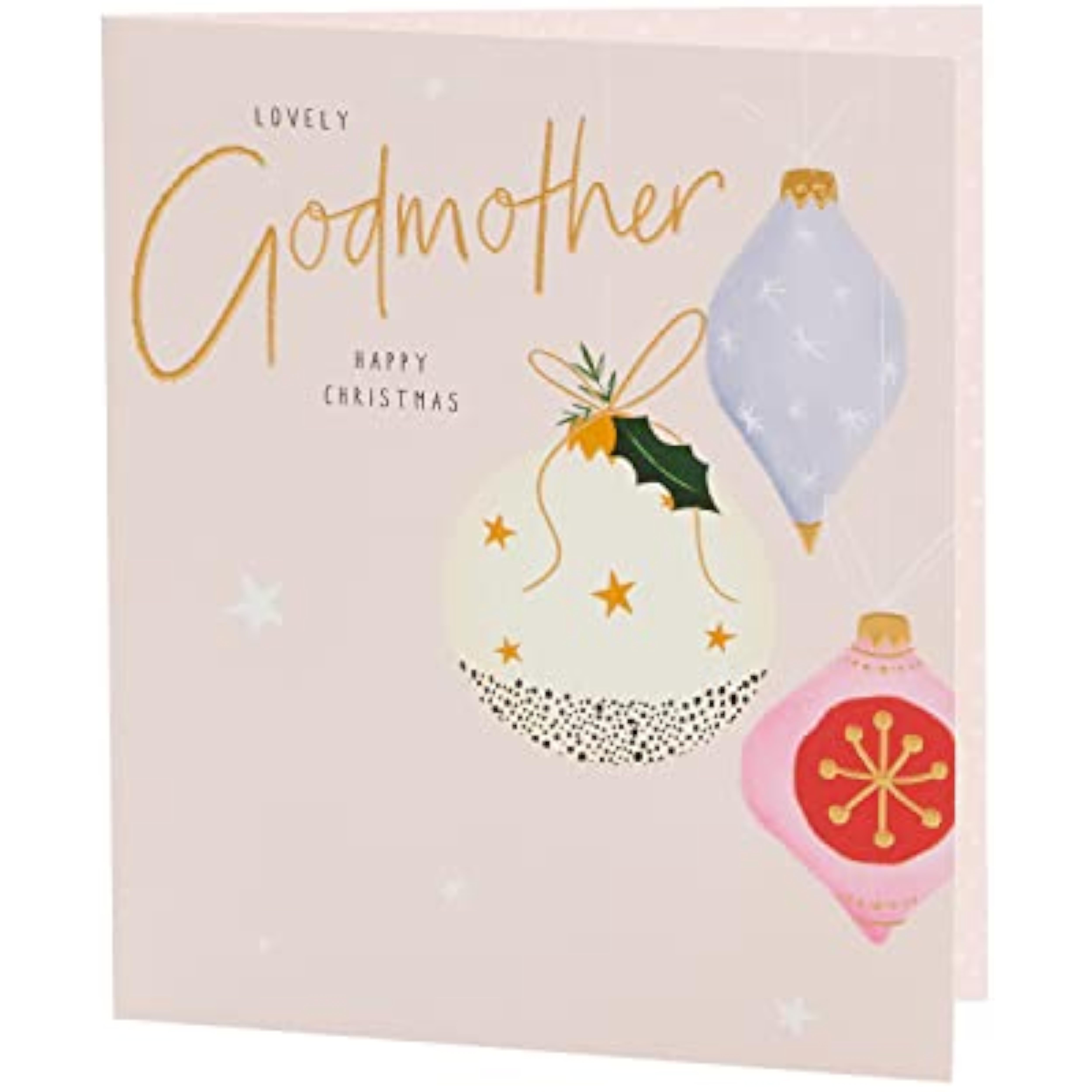 Elegant Christmas greeting card for godmother featuring gold foil baubles design, by UKG.
