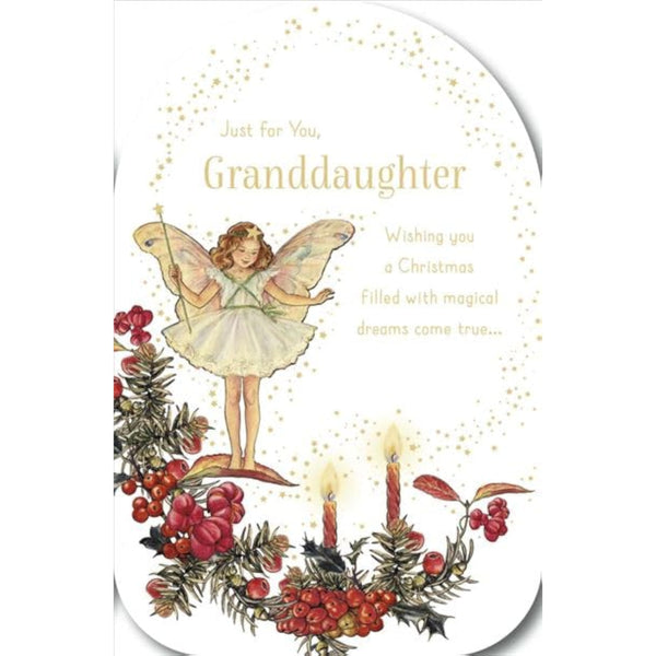 Fairy girl Christmas greeting card for granddaughter with gold foil design and festive holiday imagery by UKG