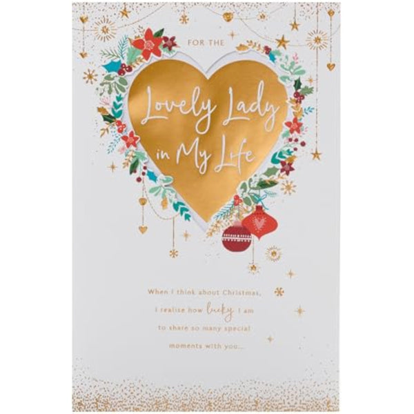 Gold foil heart romantic Christmas greeting card for her by UKG, featuring elegant holiday design and festive details.