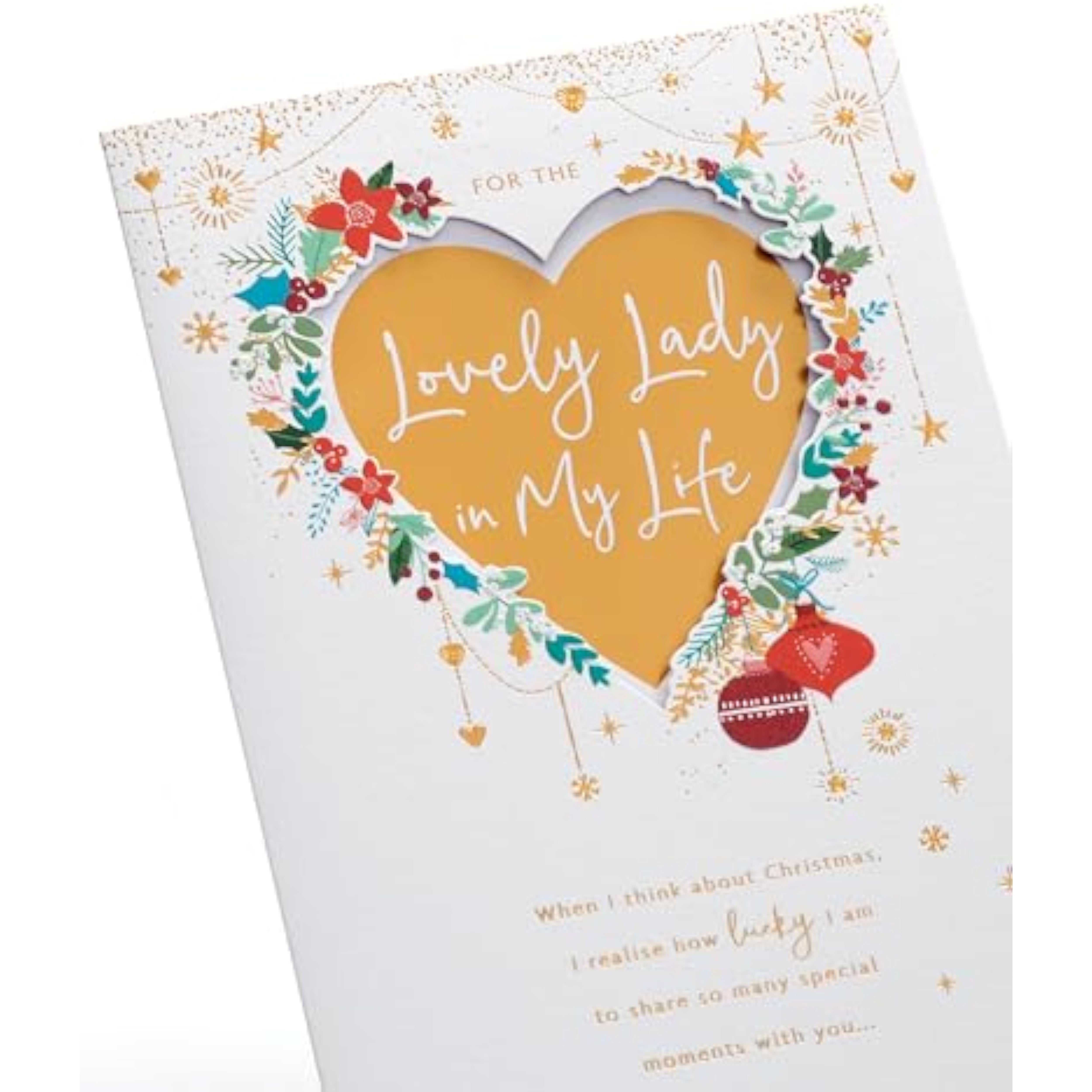 Gold foil heart romantic Christmas greeting card for her from UKG with elegant holiday design and festive details.