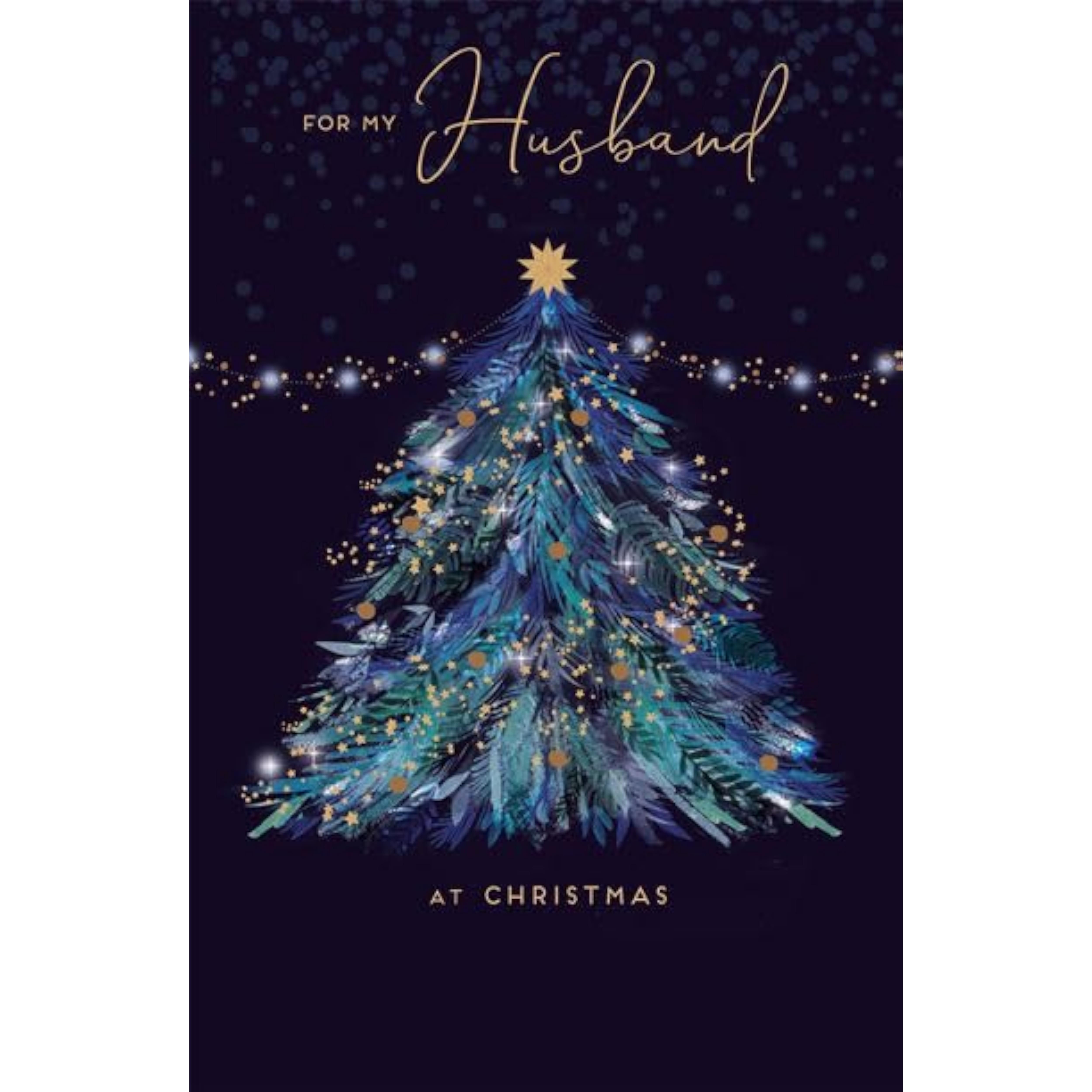Blue Christmas greeting card for husband with gold star foil design and festive tree, by UKG.