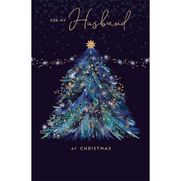 Blue Christmas greeting card for husband with gold star foil design and festive tree, by UKG.