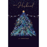 Blue Christmas greeting card for husband with gold star foil design and festive tree, by UKG.