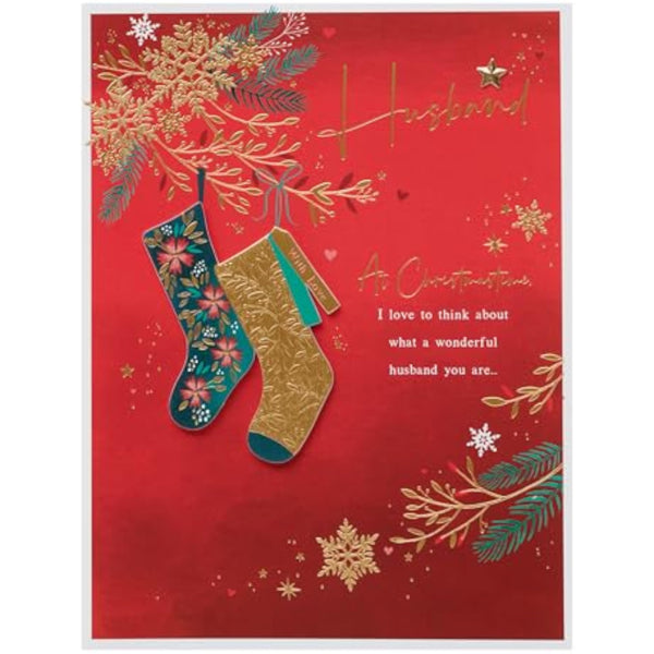 Deep red and gold Christmas greeting card for husband featuring stockings design by UKG. Perfect for holiday wishes.