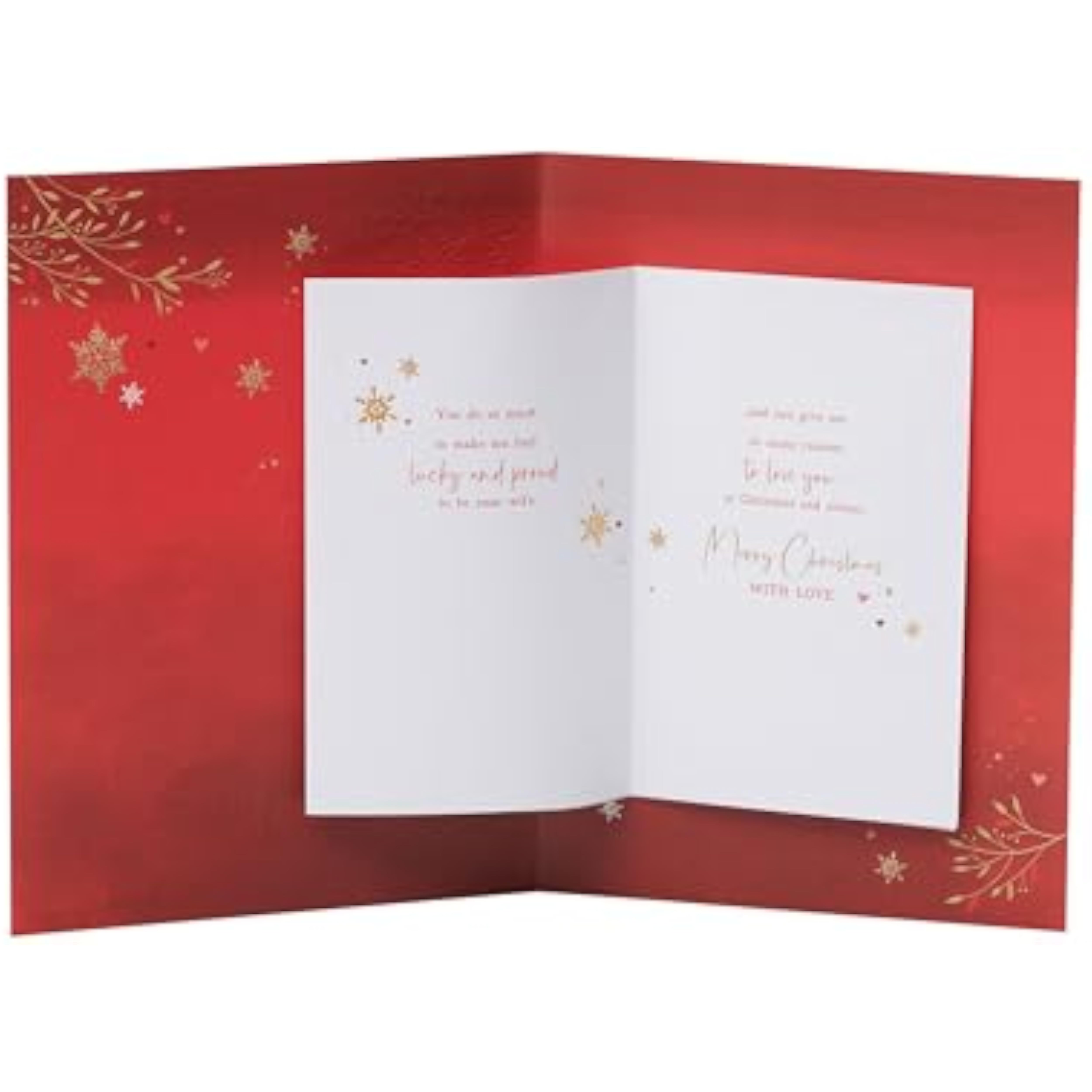 Deep red and gold Christmas greeting card for husband featuring stockings design from UKG, with festive holiday motifs.