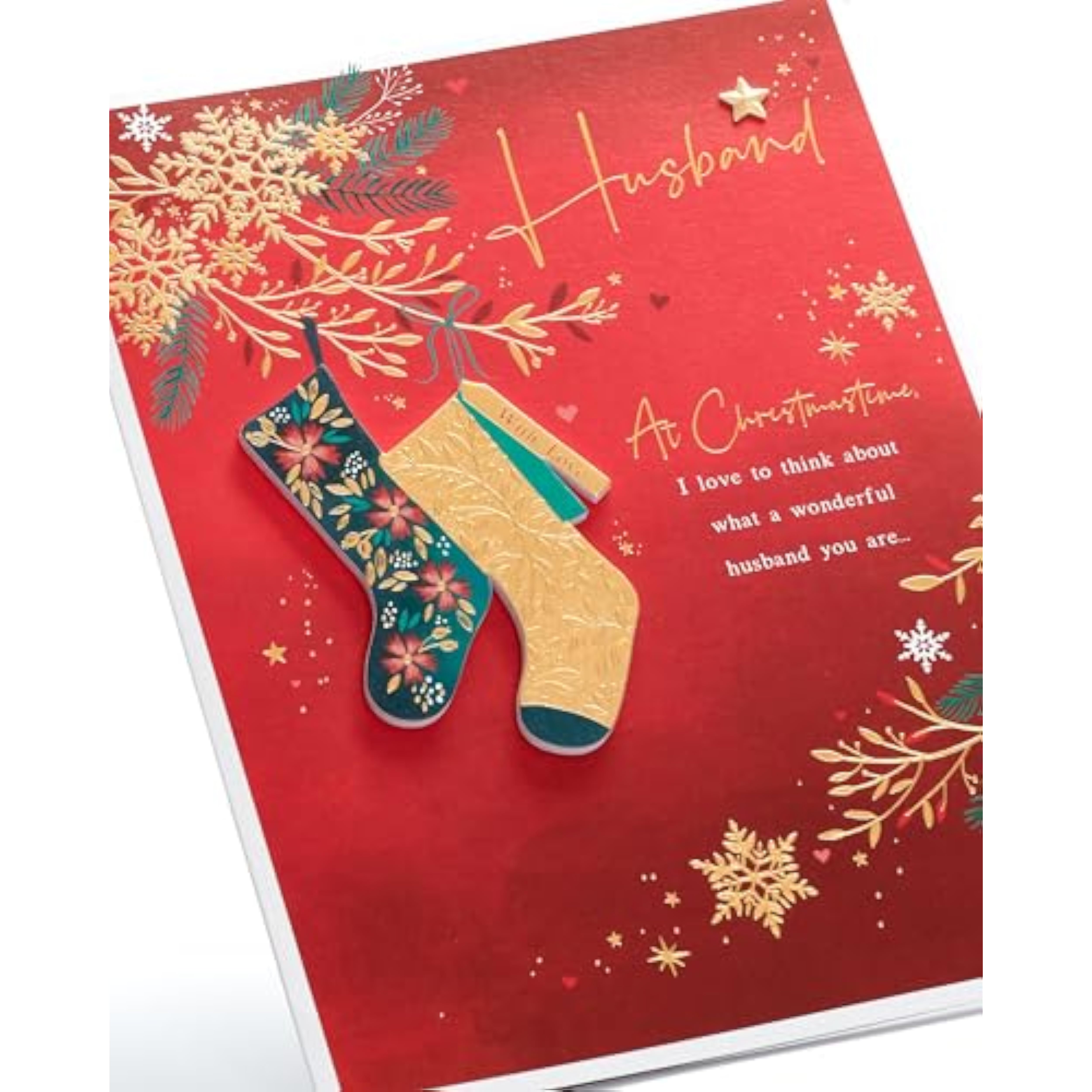 Deep red and gold Christmas greeting card for husband with stockings design, by UKG, featuring festive holiday imagery.